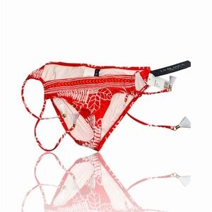 La Blanca Bikini Bottom Womens Size 10 Red Tropical Side Tie Tassel Cheeky